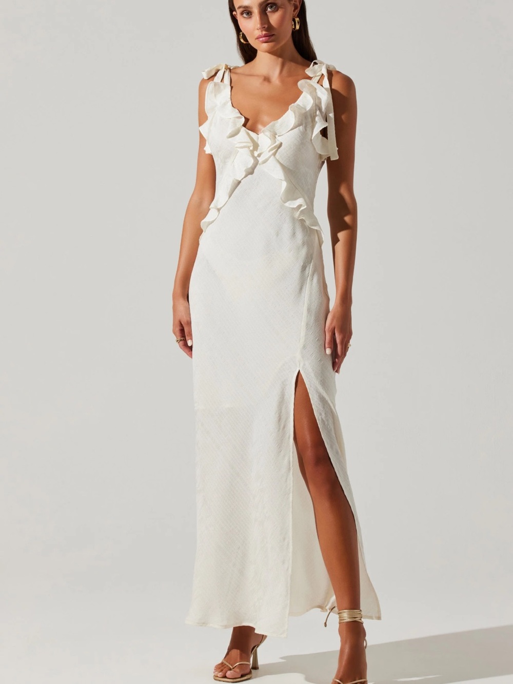 Astr White Ruffle V-Neck Maxi Dress with Side Slit